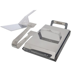 Kit biferita gourmet Brosen: plancha con tapa, espátula y pinza de acero inoxidable