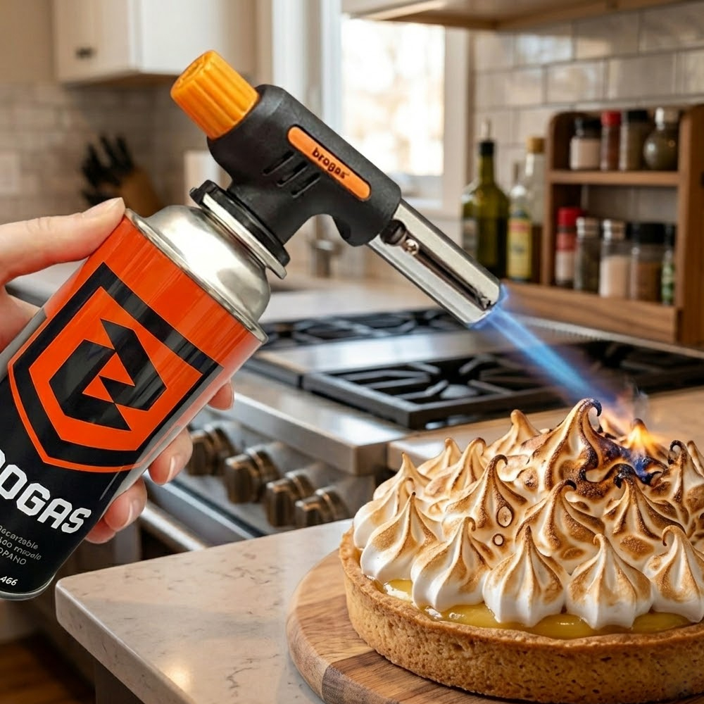 Soplete con encendido electrónico Brogas gratinando el merengue de una tarta