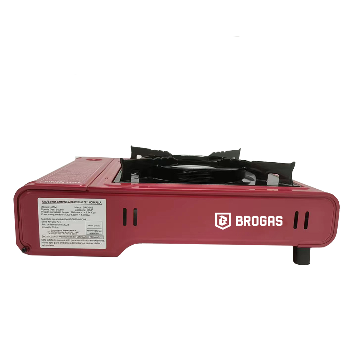 Anafe portátil de camping Brogas rojo, vista lateral
