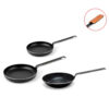 Set de 3 sartenes de hierro con cubre mango de cuero